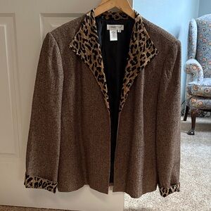 Silk Coldwater Creek Tan tweed and Brown Blazer with animal print lapel, cuffs